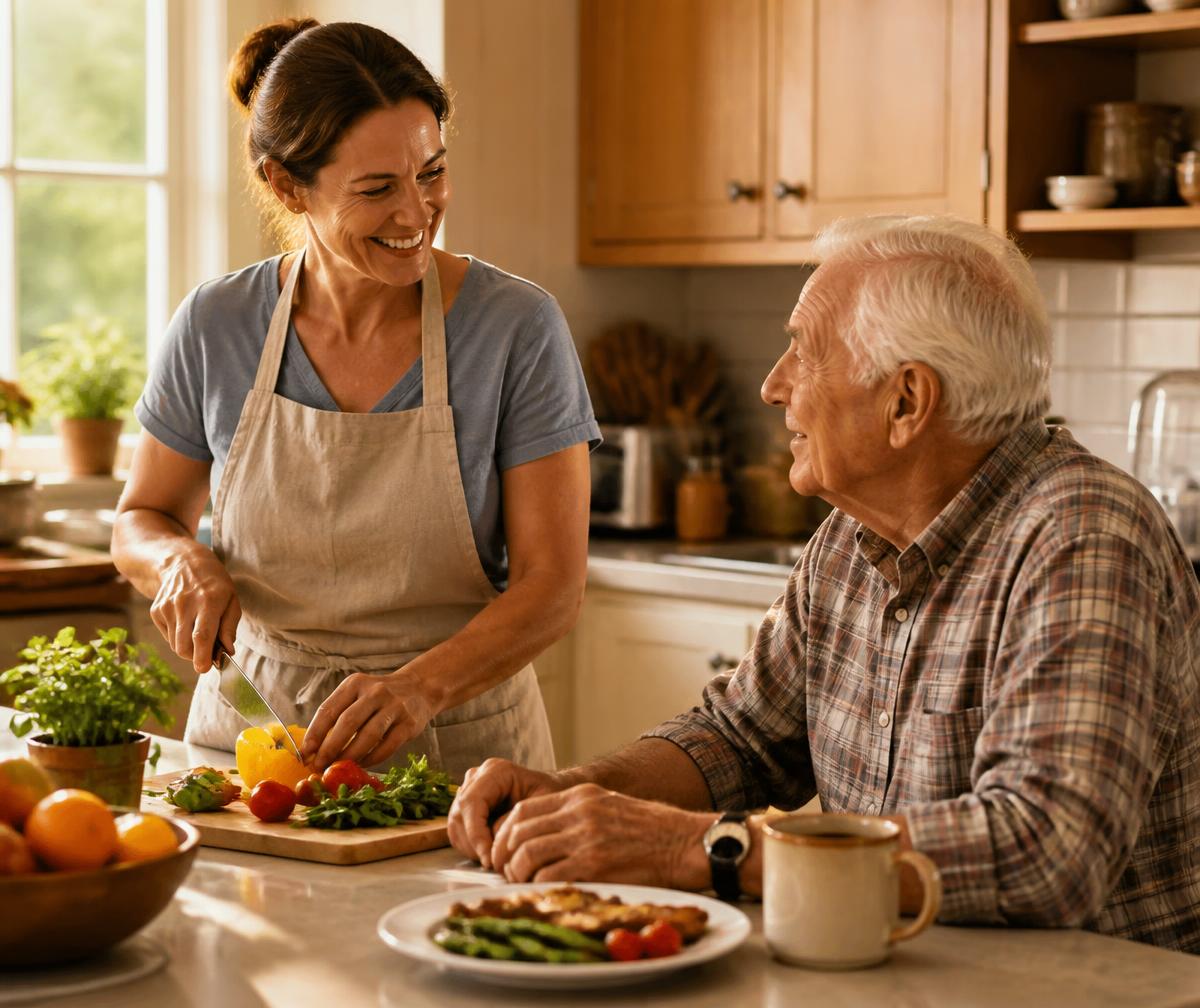 Caregiver preparing a home-cooked meal while chatting with an elderly man